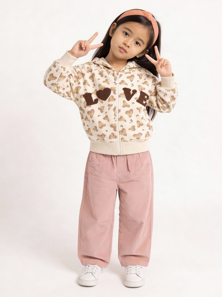 HOP Kids Girls Beige Printed Cotton-Blend Hoodie