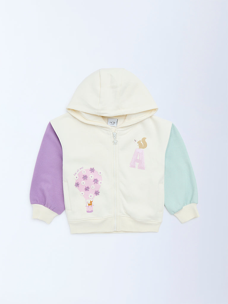 HOP Kids Girls Off-White Colour-Blocked Hoodie