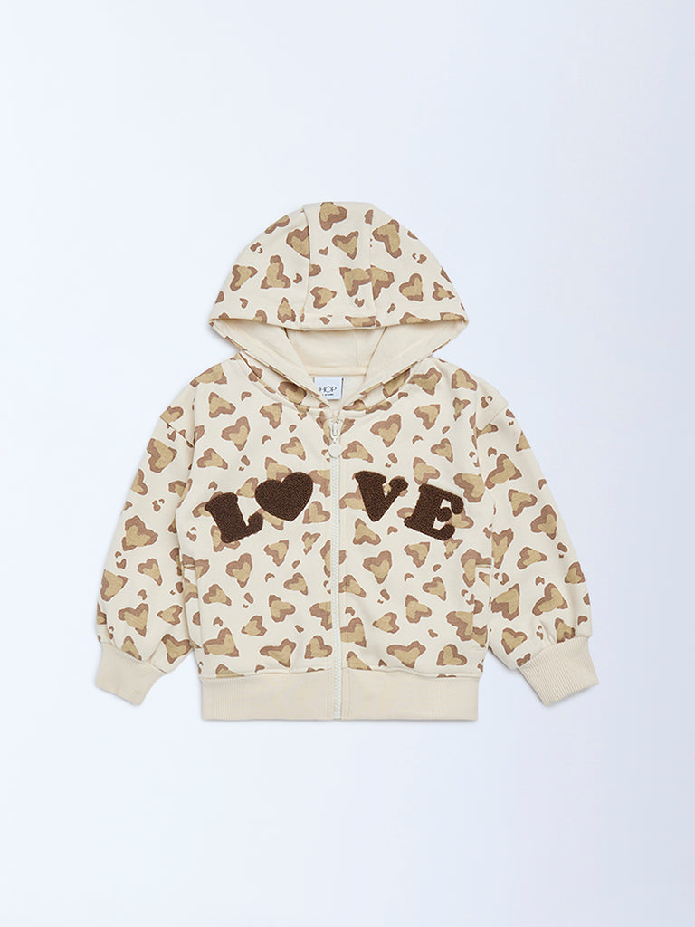 HOP Kids Girls Beige Printed Cotton-Blend Hoodie