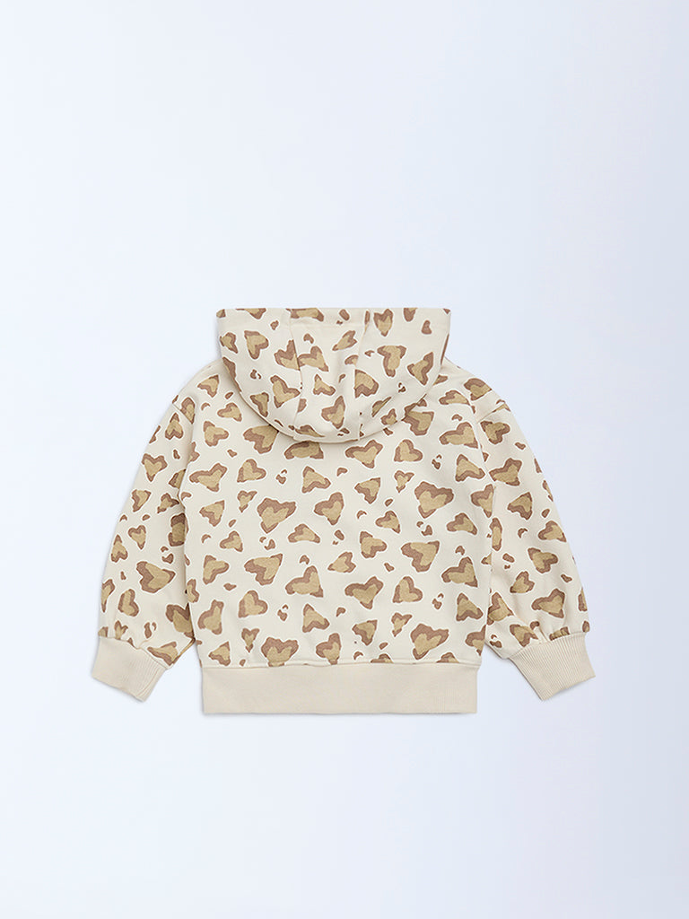 HOP Kids Girls Beige Printed Cotton-Blend Hoodie
