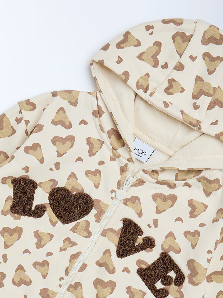 HOP Kids Girls Beige Printed Cotton-Blend Hoodie