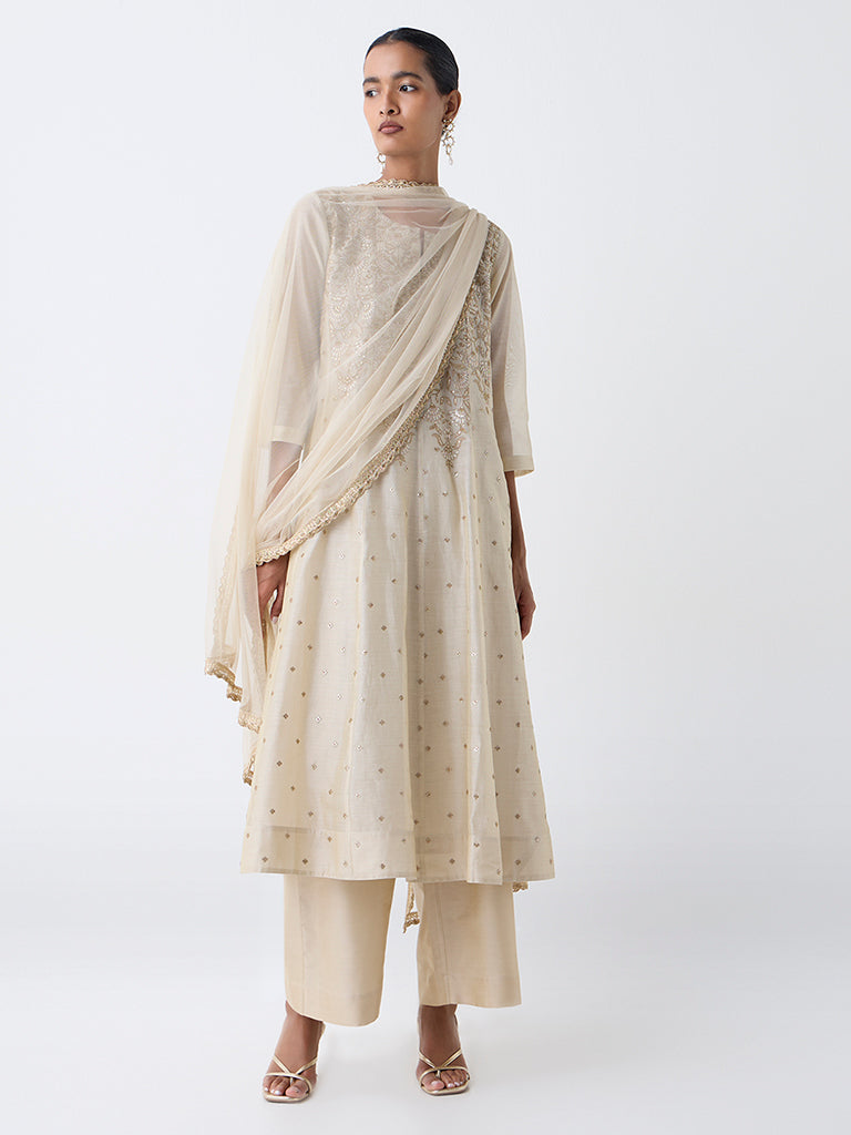 Vark Beige Floral Embroidered A-Line Ethnic Set