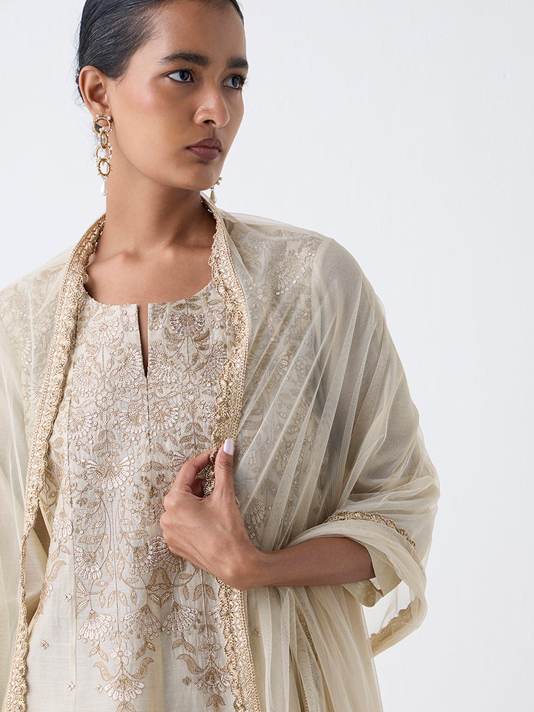 Vark Beige Floral Embroidered A-Line Ethnic Set