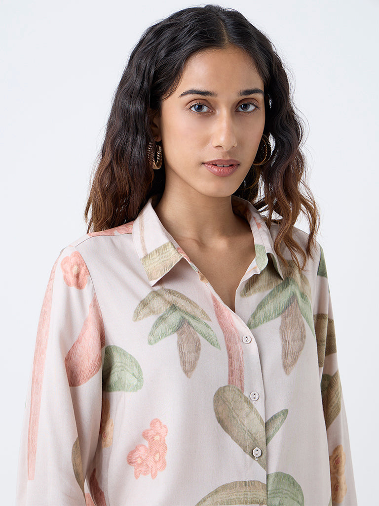 Utsa Beige Botanical Printed Tunic