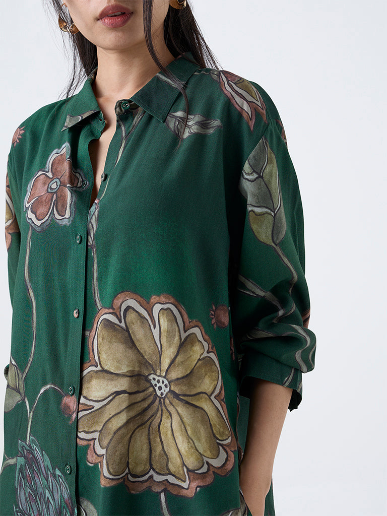 Utsa Dark Green Botanical Design Tunic