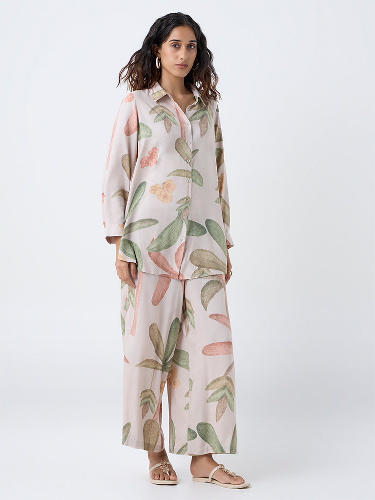 Utsa Beige Botanical Printed Palazzos