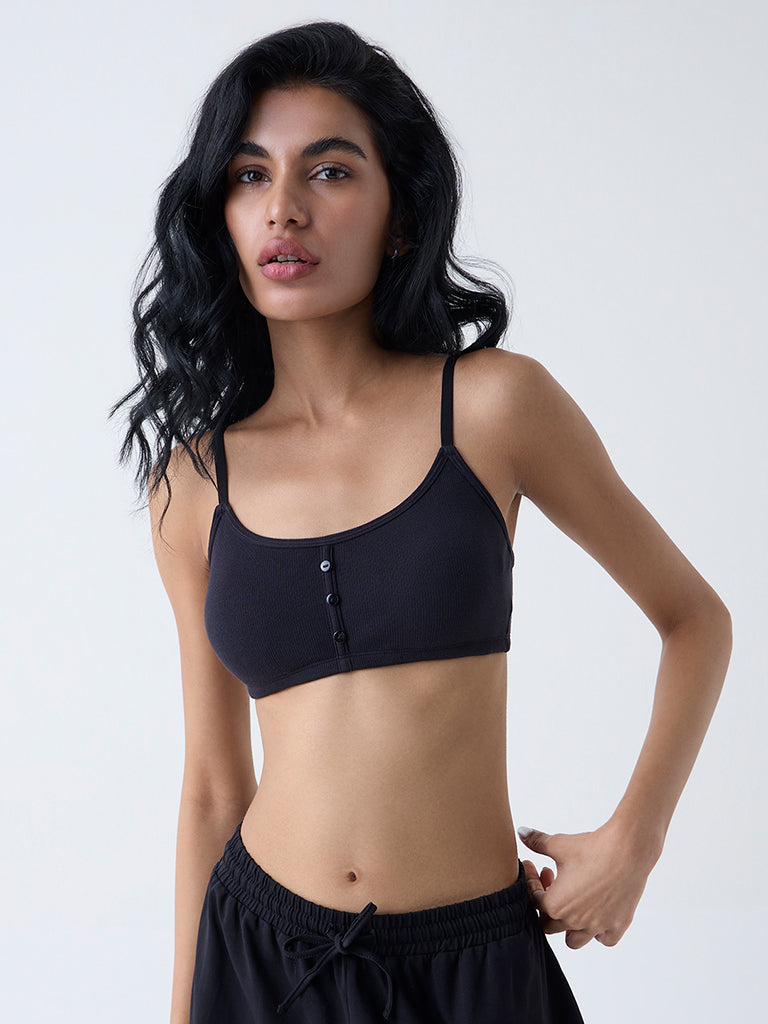 Superstar Black Ribbed Padded Cotton Bralette