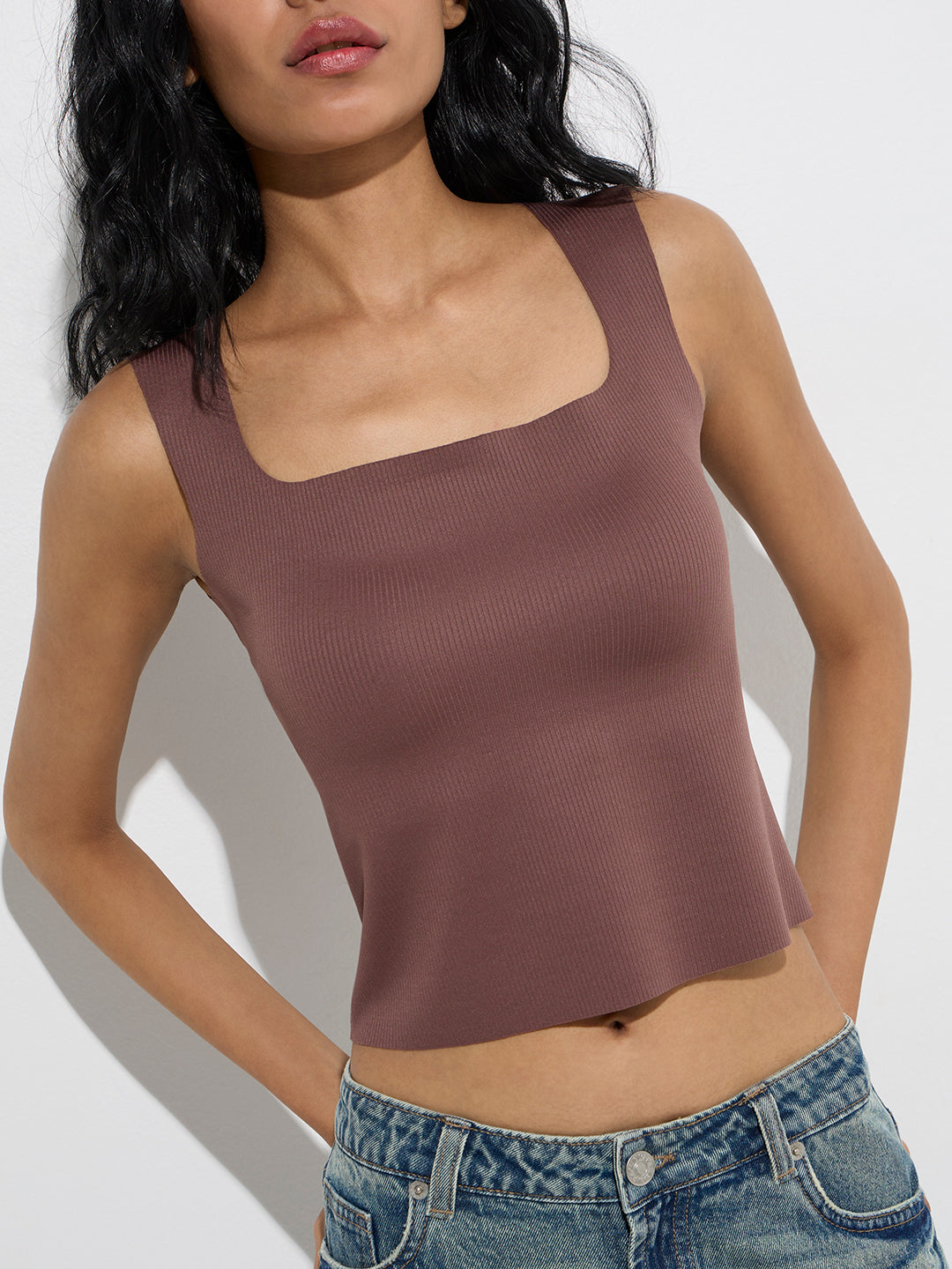 Superstar Brown Ribbed-Textured Padded Tank Top