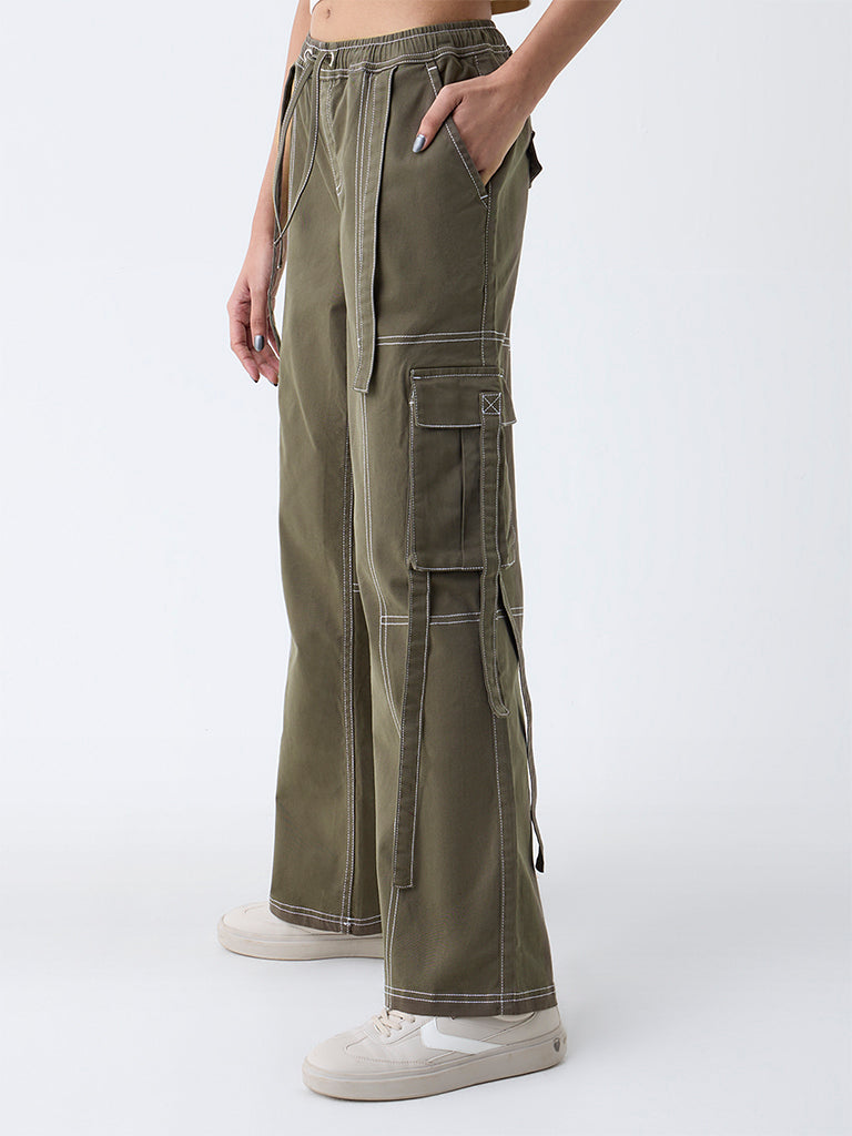Nuon Olive High-Rise Cotton-Blend Cargo Pants