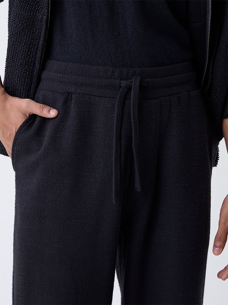 ETA Black Textured Relaxed-Fit Mid-Rise Cotton-Blend Pants