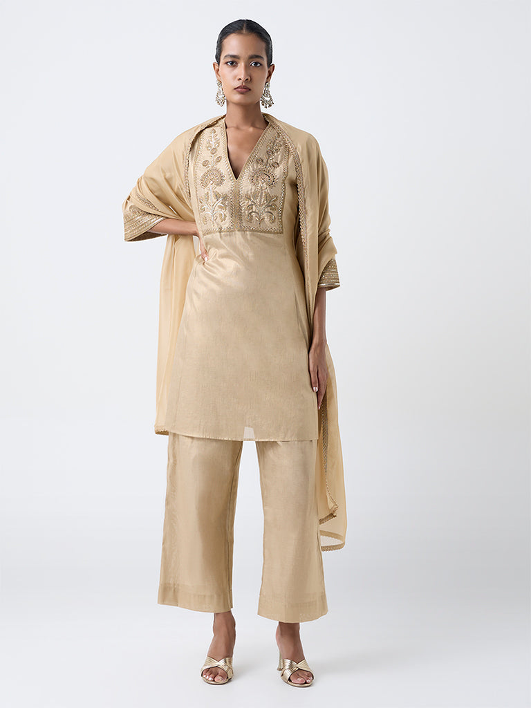 Vark Gold Embroidered Cotton-Blend A-Line Set