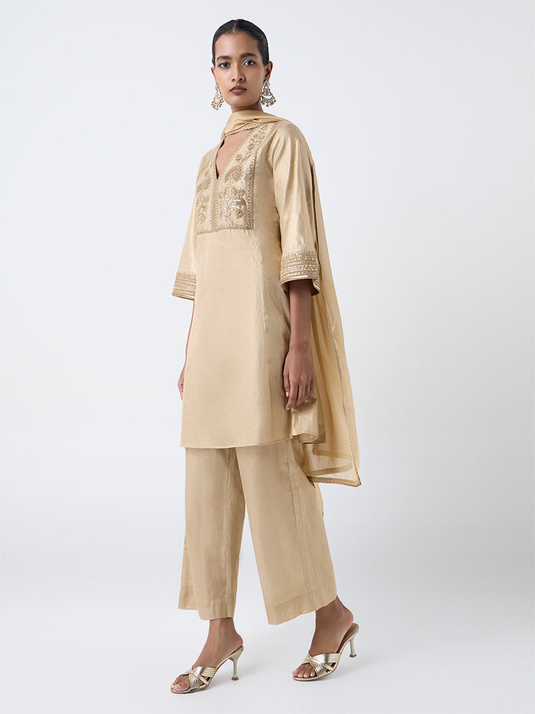 Vark Gold Embroidered Cotton-Blend A-Line Set