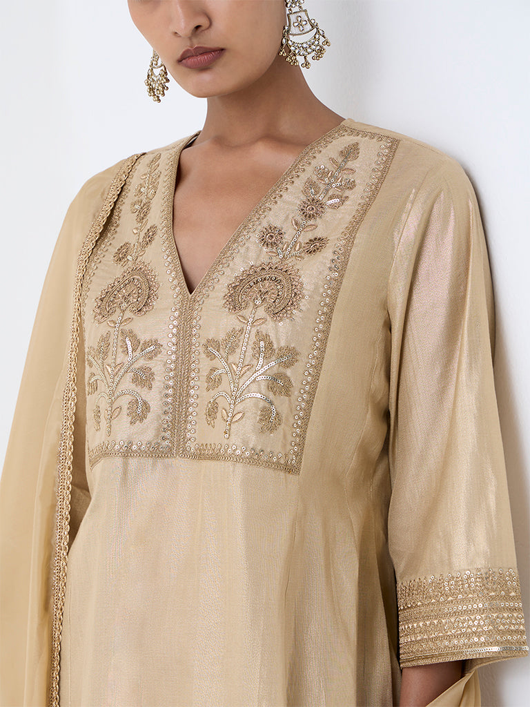 Vark Gold Embroidered Cotton-Blend A-Line Set