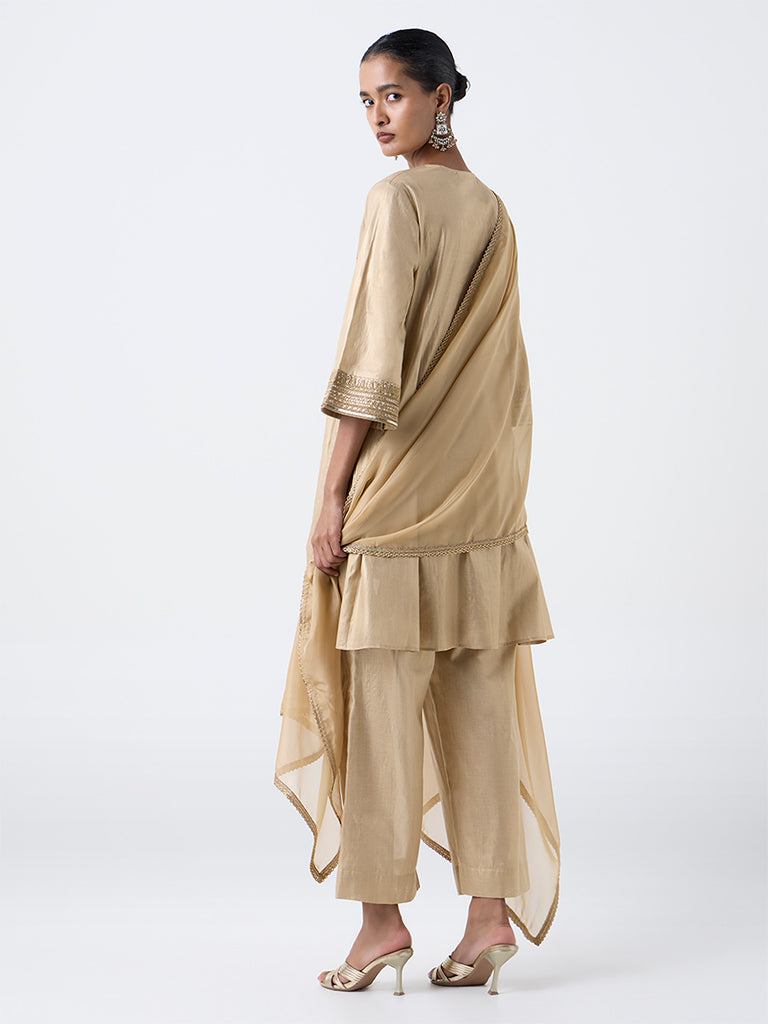 Vark Gold Embroidered Cotton-Blend A-Line Set