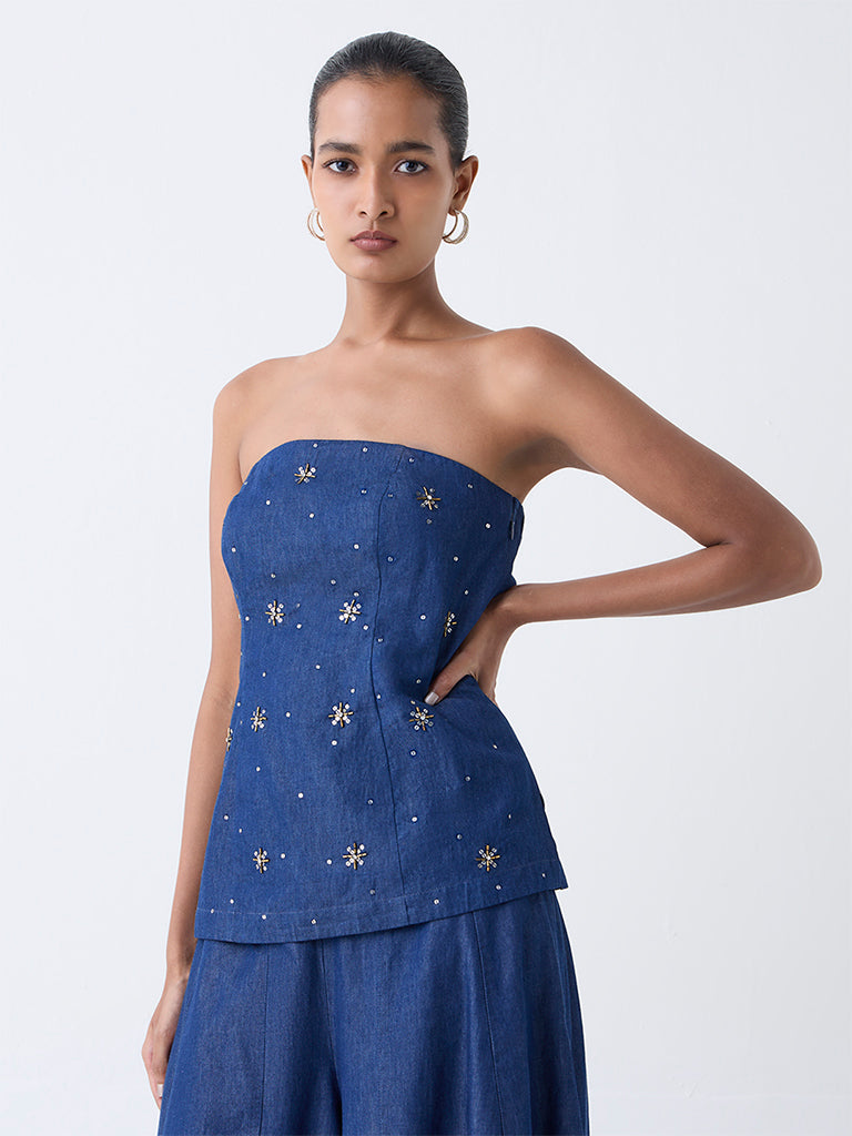 Vark Blue Embellished Cotton Tube Top