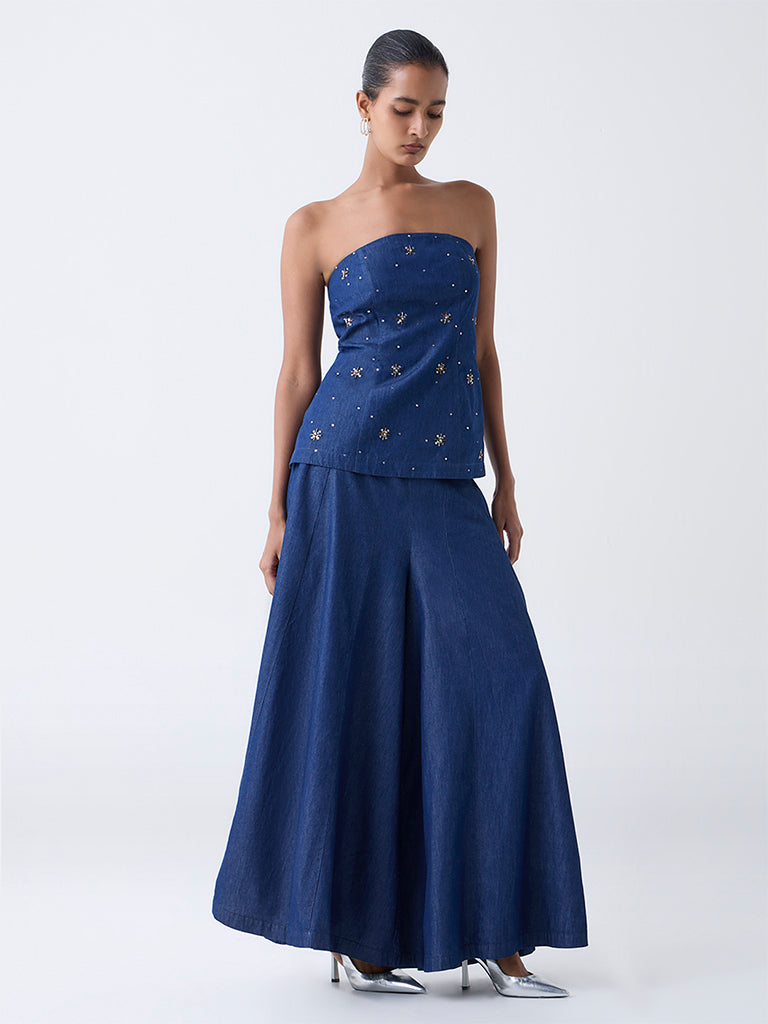 Vark Blue Embellished Cotton Tube Top