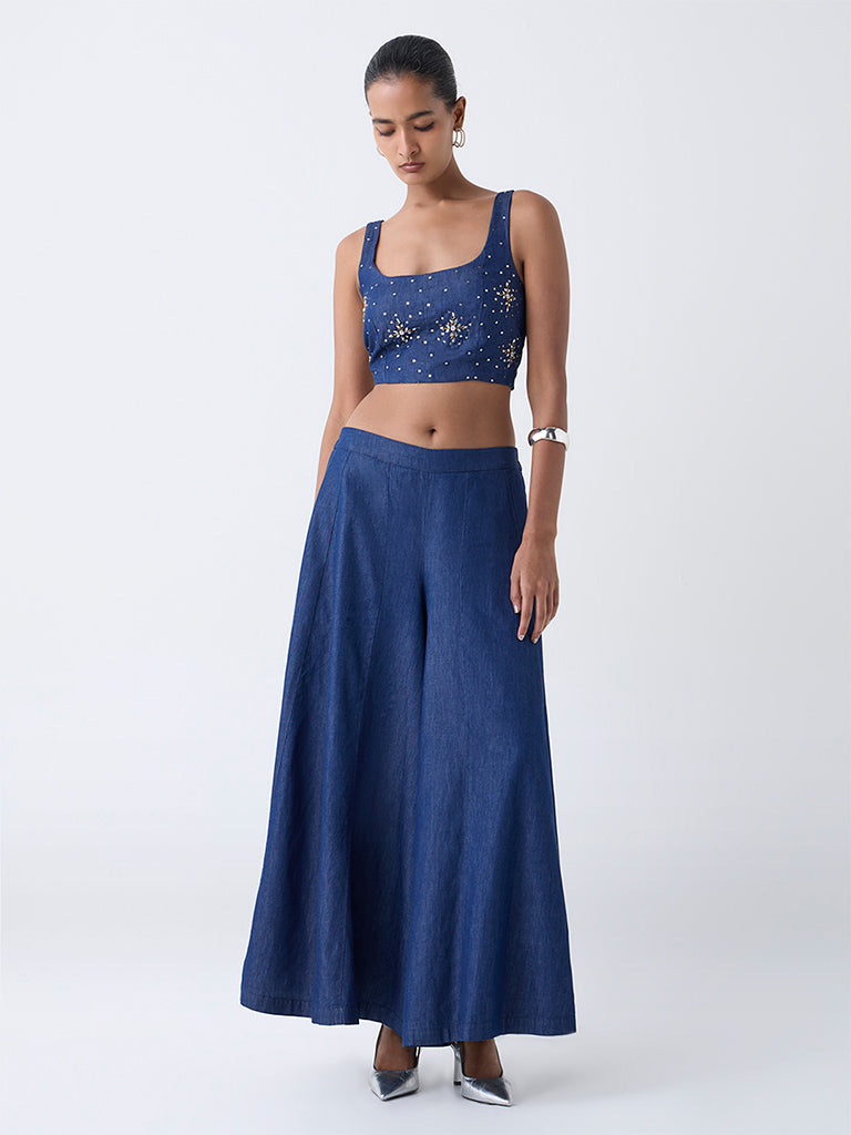 Vark Blue Embellished Cotton Ethnic Top