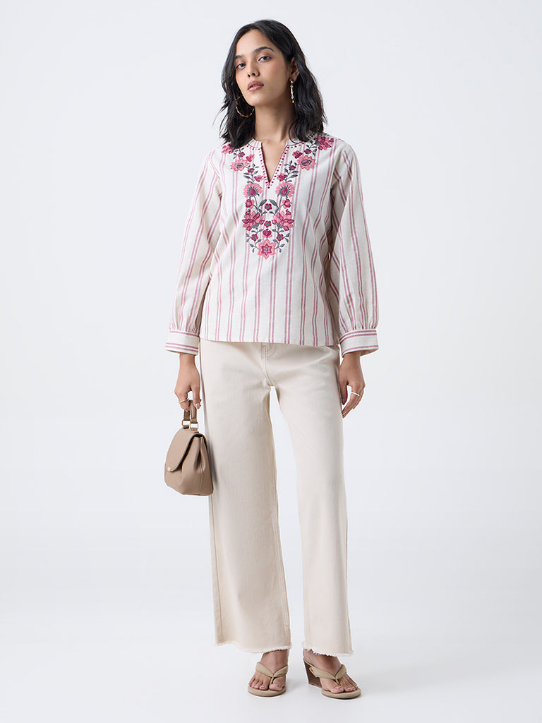 Utsa Beige Floral Embroidered Cotton-Blend Tunic