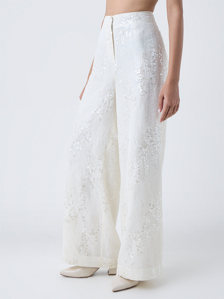 Wardrobe White Sequin Embellished High-Rise Trousers