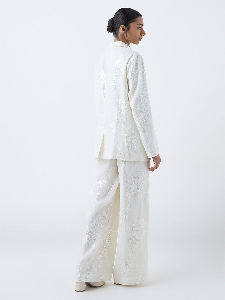 Wardrobe White Sequin Embellished High-Rise Trousers