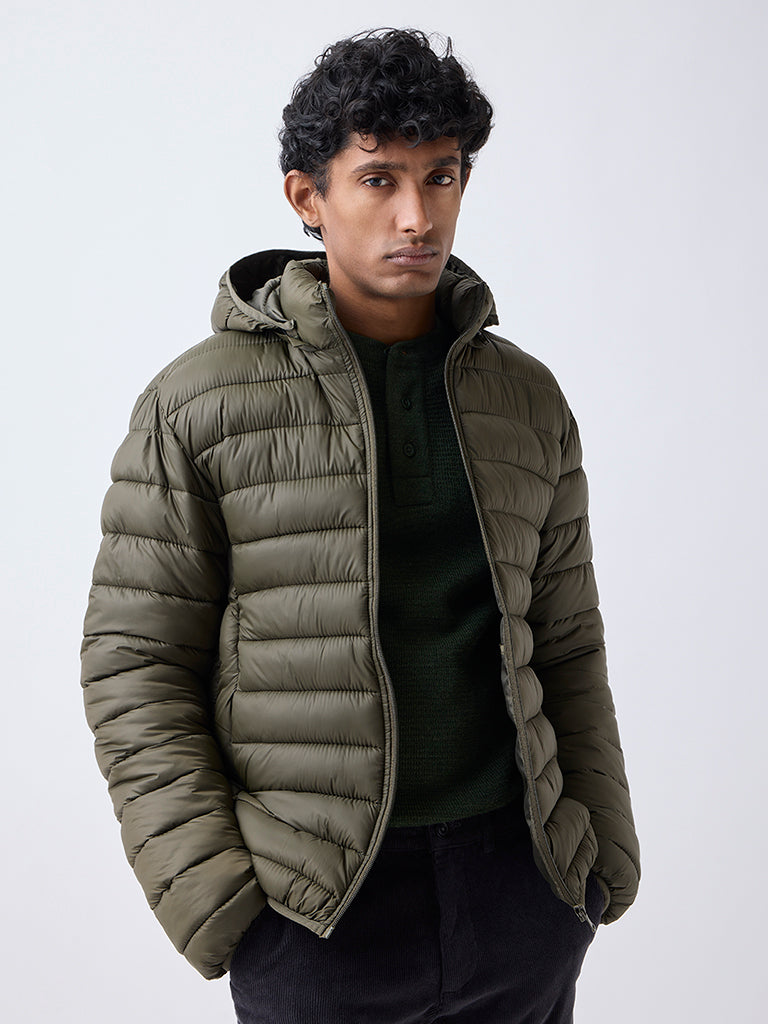 WES Casuals Olive Relaxed-Fit Puffer Jacket