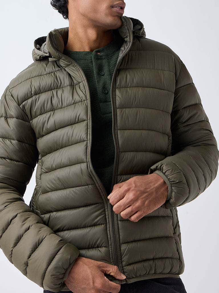 WES Casuals Olive Relaxed-Fit Puffer Jacket