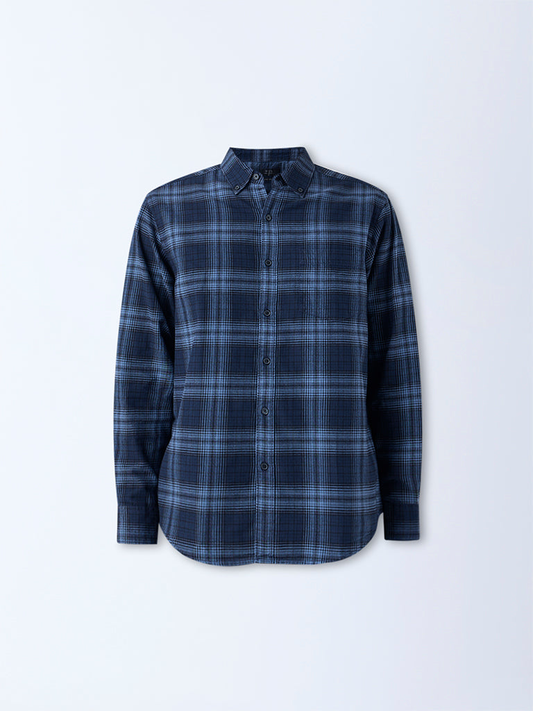 WES Casuals Navy Checks Pattern Relaxed-Fit Cotton Shirt