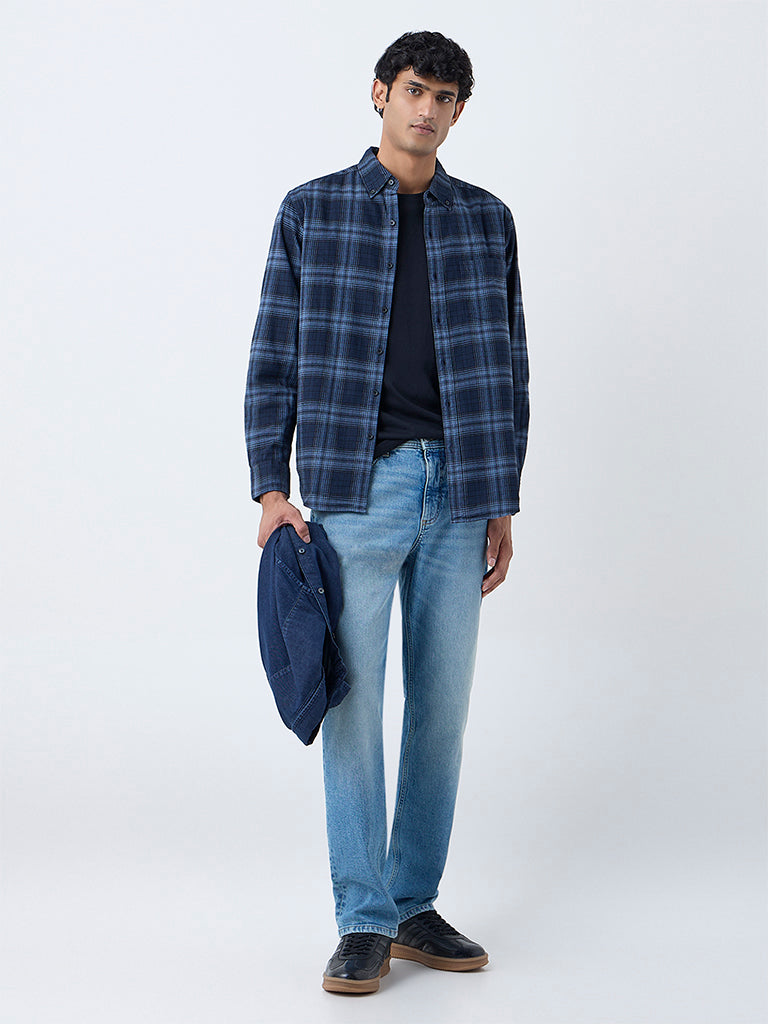 WES Casuals Navy Checks Pattern Relaxed-Fit Cotton Shirt