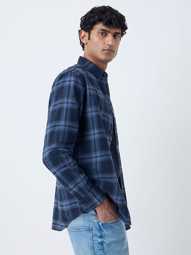 WES Casuals Navy Checks Pattern Relaxed-Fit Cotton Shirt