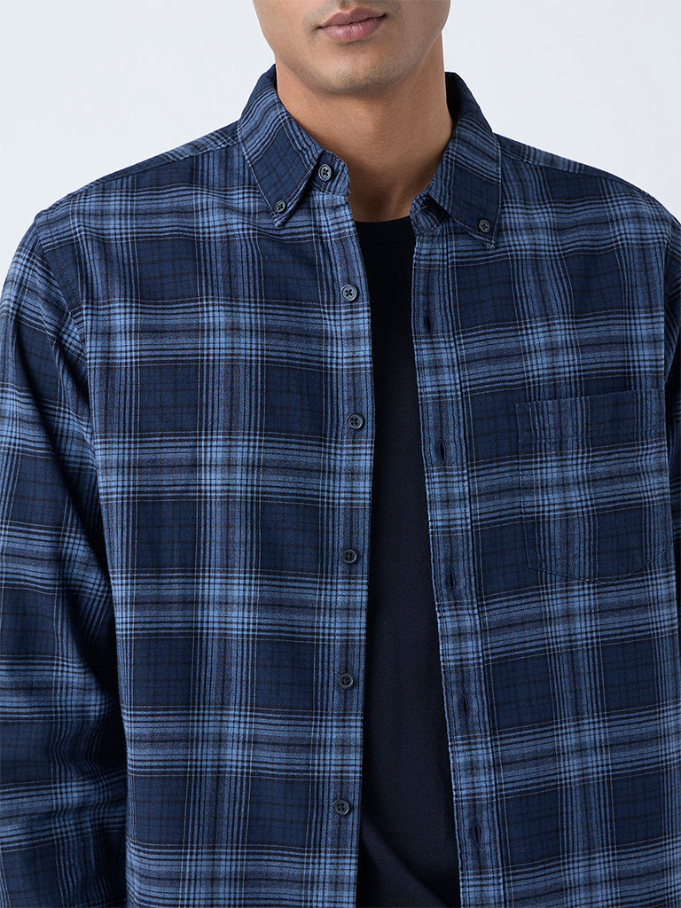 WES Casuals Navy Checks Pattern Relaxed-Fit Cotton Shirt