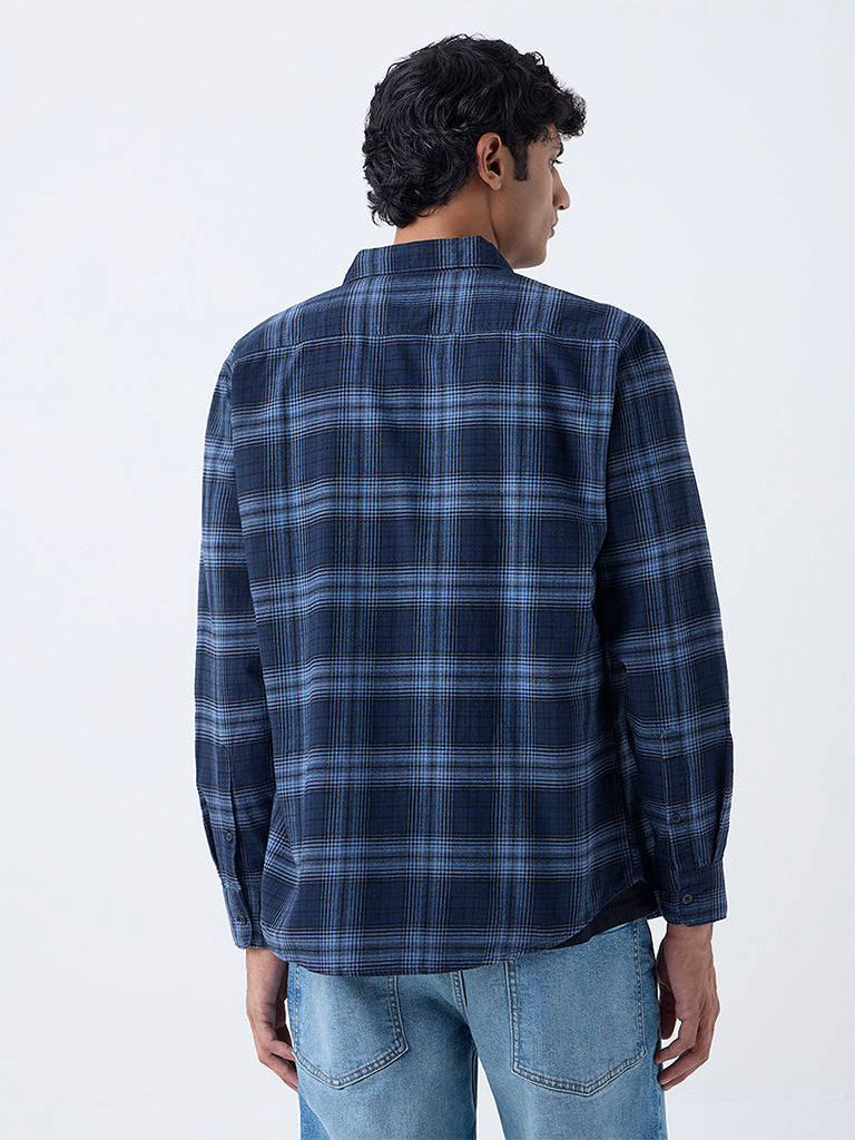 WES Casuals Navy Checks Pattern Relaxed-Fit Cotton Shirt