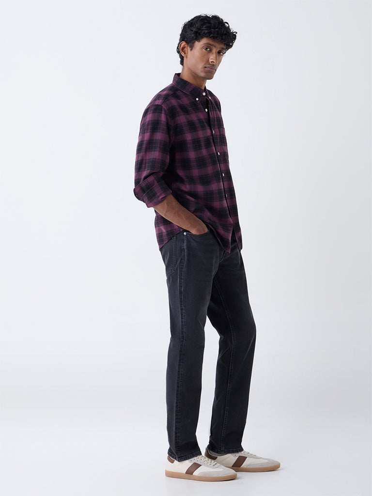 WES Casuals Wine Checks Relaxed Fit Cotton Shirt
