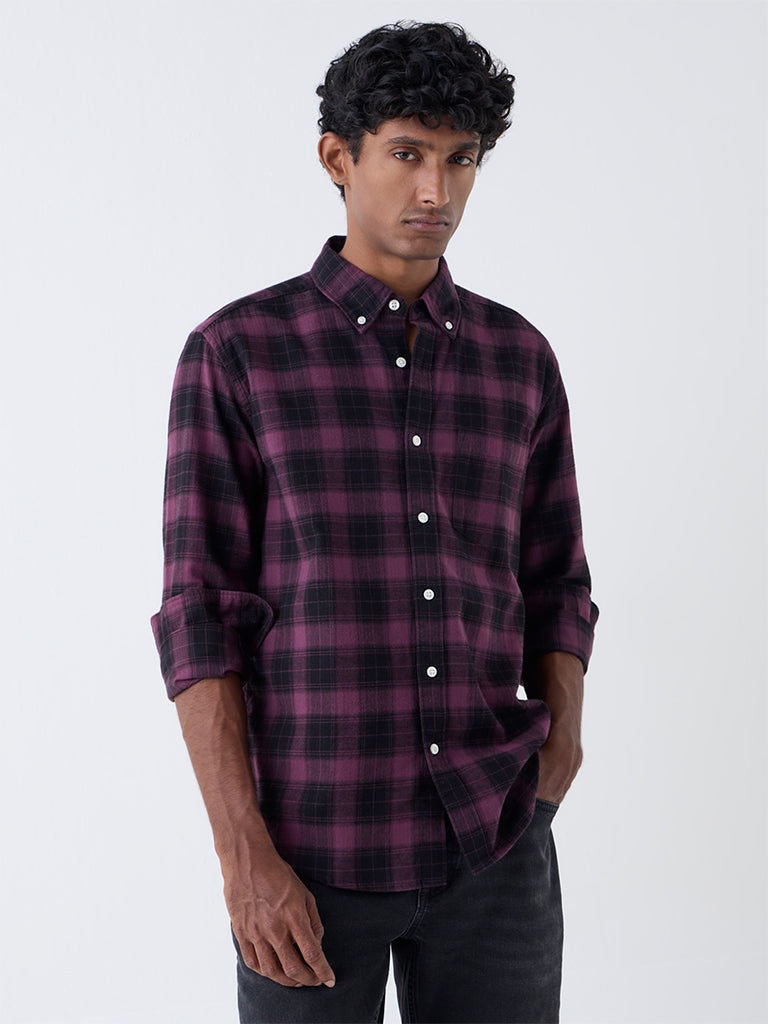 WES Casuals Wine Checks Relaxed Fit Cotton Shirt