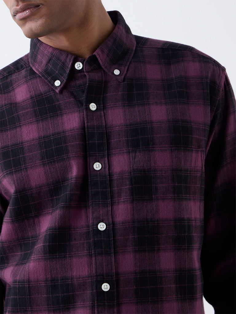 WES Casuals Wine Checks Relaxed Fit Cotton Shirt