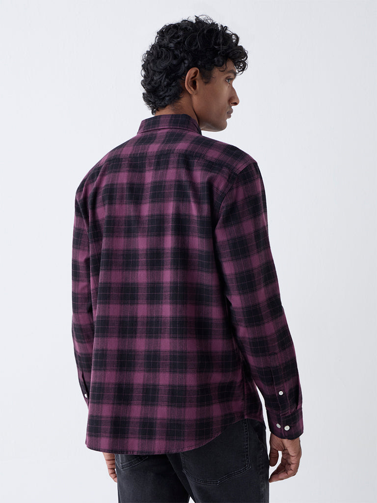 WES Casuals Wine Checks Relaxed Fit Cotton Shirt