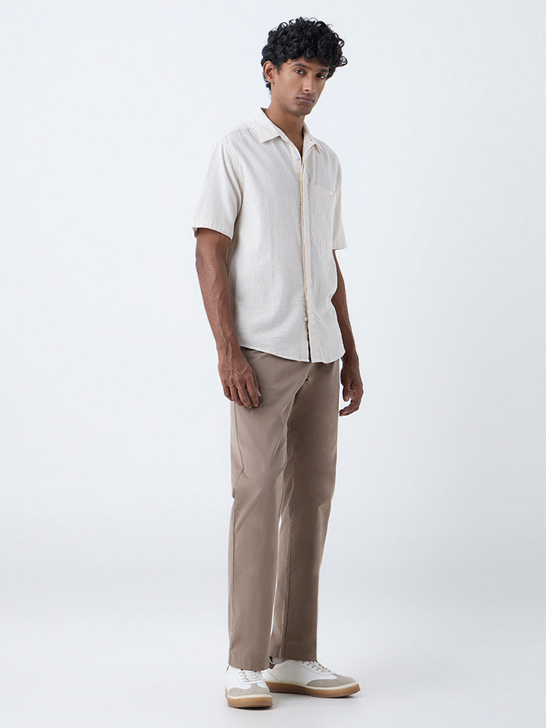 WES Casuals Beige Striped Relaxed Fit Cotton Shirt