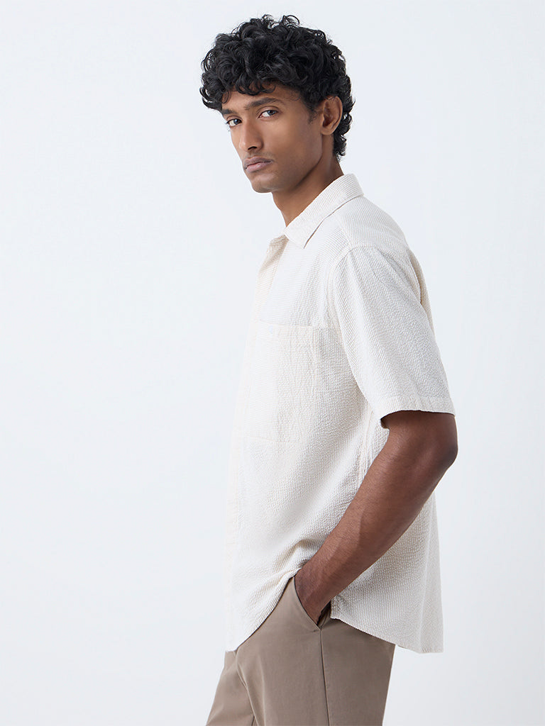 WES Casuals Beige Striped Relaxed Fit Cotton Shirt