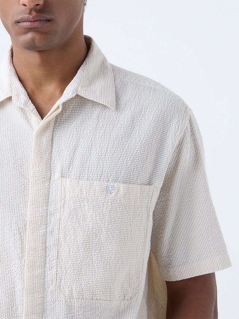 WES Casuals Beige Striped Relaxed Fit Cotton Shirt