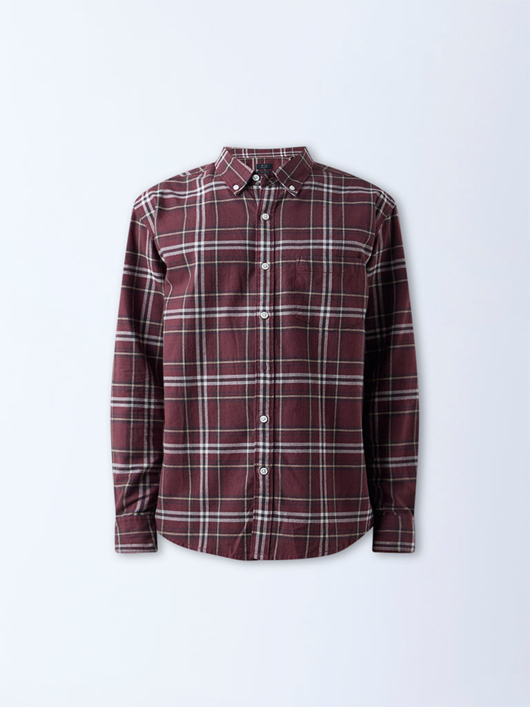 WES Casuals Wine Checkered Relaxed-Fit Cotton Shirt