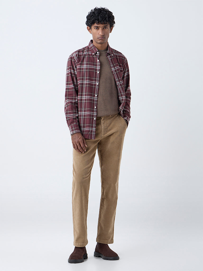 WES Casuals Wine Checkered Relaxed-Fit Cotton Shirt