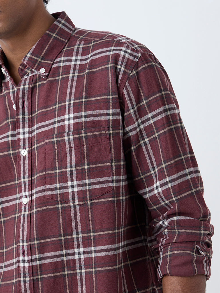 WES Casuals Wine Checkered Relaxed-Fit Cotton Shirt
