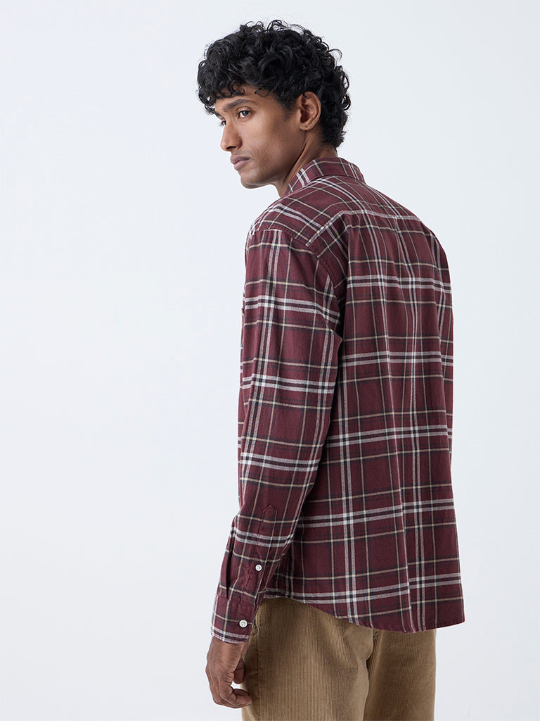 WES Casuals Wine Checkered Relaxed-Fit Cotton Shirt