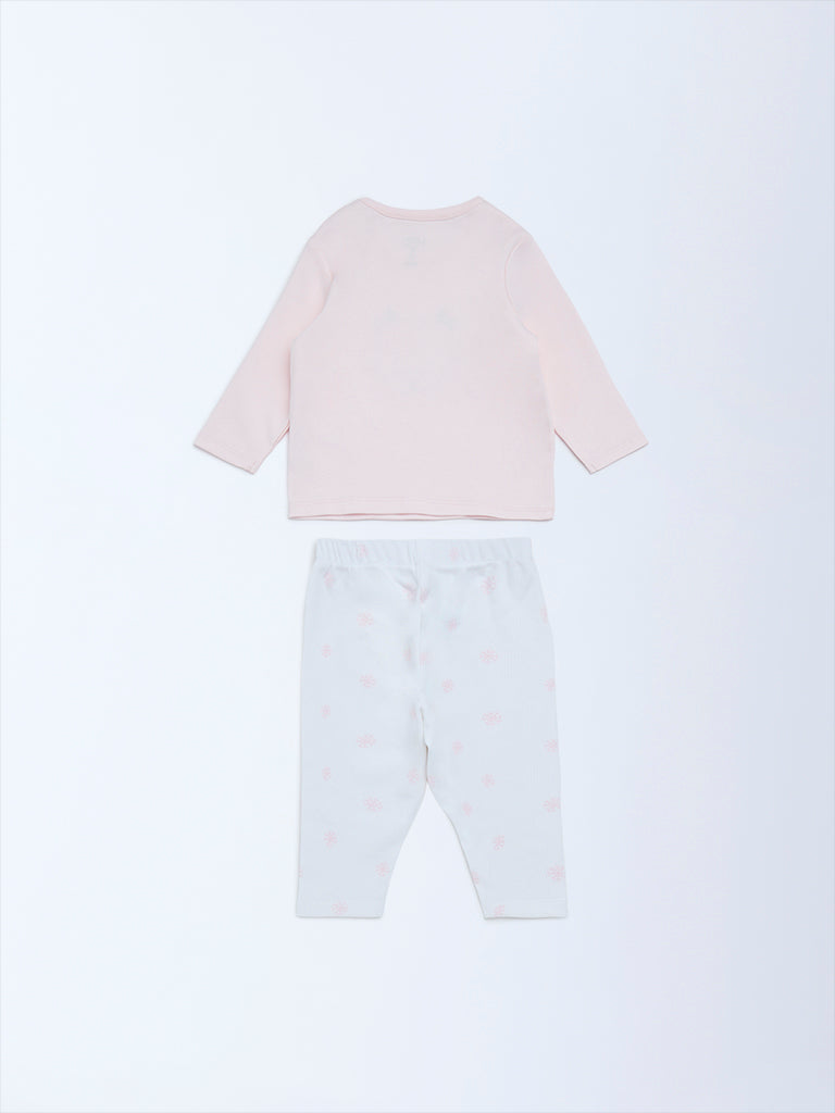 HOP Baby Pink Embroidered Cotton T-Shirt and Pants Set
