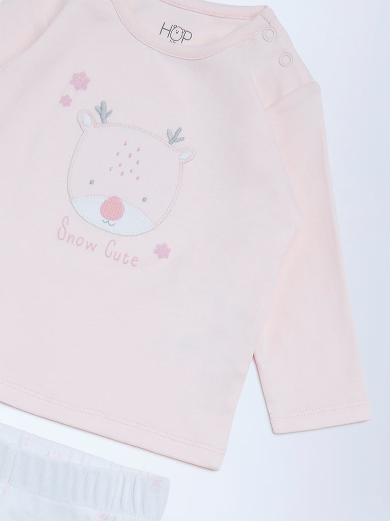 HOP Baby Pink Embroidered Cotton T-Shirt and Pants Set