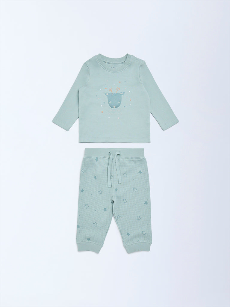 HOP Baby Sage Animal Design Cotton T-Shirt and Joggers Set