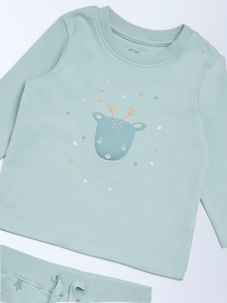 HOP Baby Sage Animal Design Cotton T-Shirt and Joggers Set