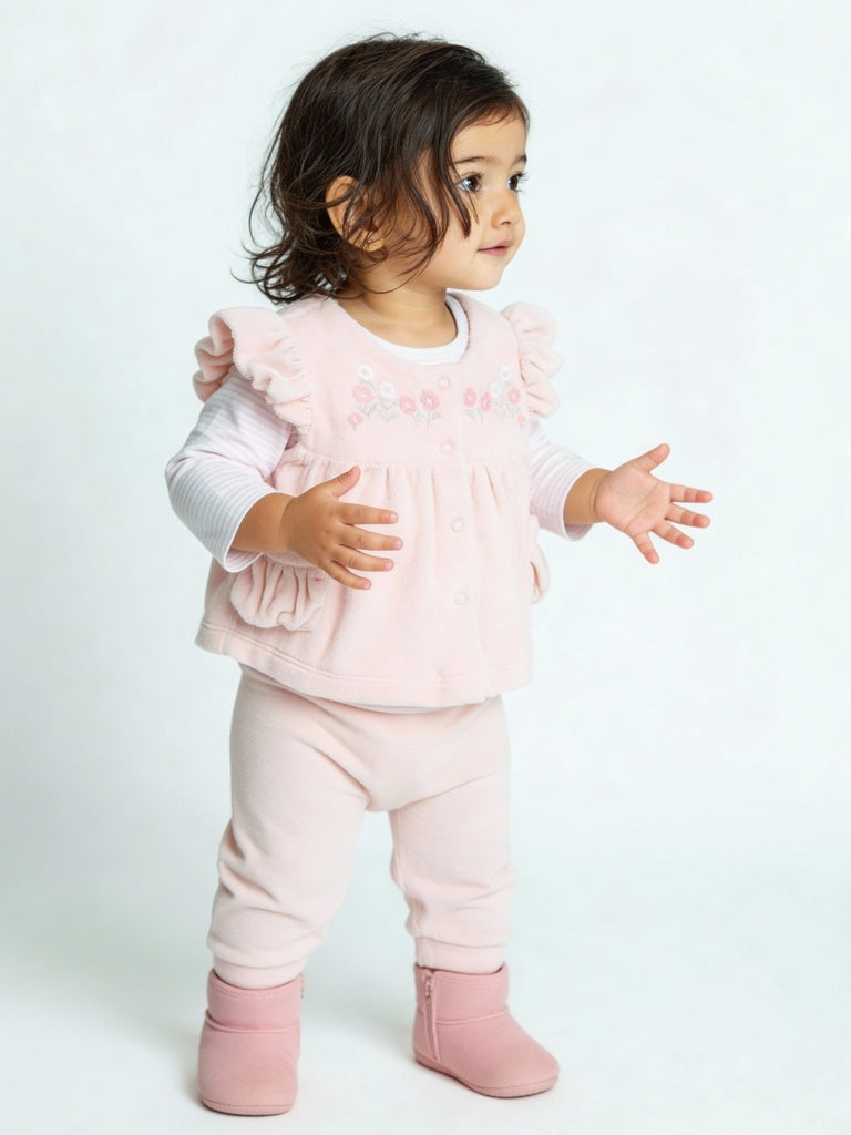 HOP Baby Girls Pink Floral Embroidered Cotton-Blend Top and Pants Set