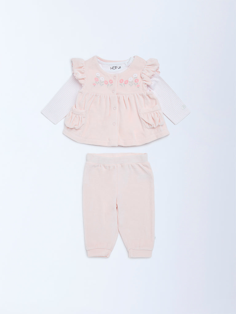 HOP Baby Girls Pink Floral Embroidered Cotton-Blend Top and Pants Set