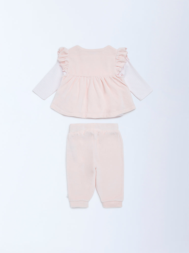 HOP Baby Girls Pink Floral Embroidered Cotton-Blend Top and Pants Set