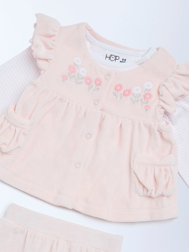 HOP Baby Girls Pink Floral Embroidered Cotton-Blend Top and Pants Set